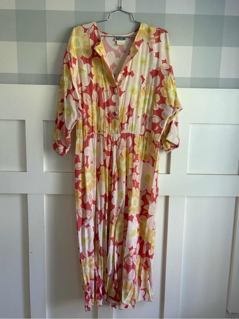 70’s Vintage Nina Piccalino Pink and Yellow Floral Button-Front Maxi Dress Large - Picture 4 of 9